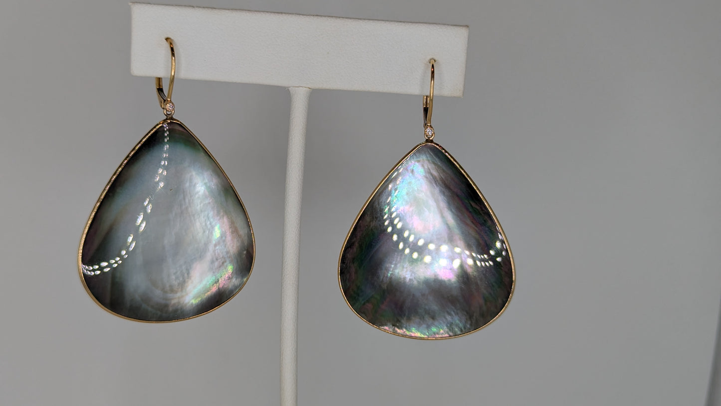 black mother of pearl teardrop earrings 14k yellow gold and diamond