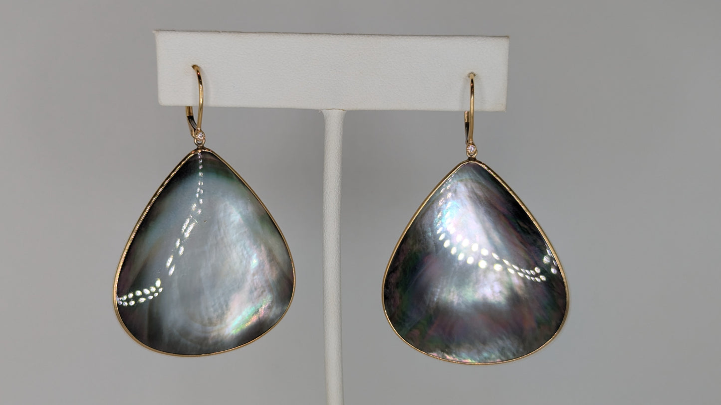 black mother of pearl teardrop earrings 14k yellow gold and diamond